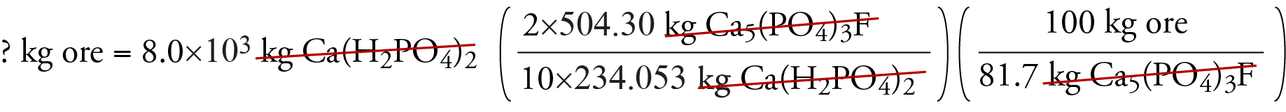 Image of the unit analysis setup for a shorter way to convert 8.0 times 10 to the third kilograms of Ca5(PO4)3F into kg ore.